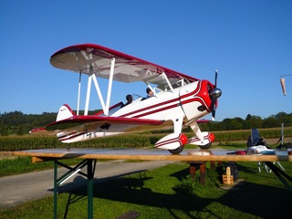 Great Planes Super Stearman standing proudly on the table in the evening sun